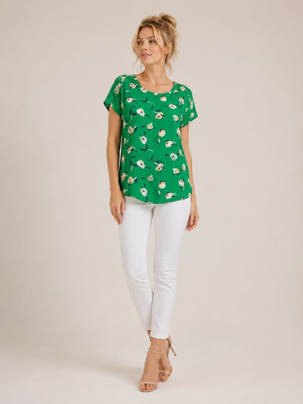2/$30 Banana Republic Short Sleeve Blouse Painted Floral Emerald XL #A2592